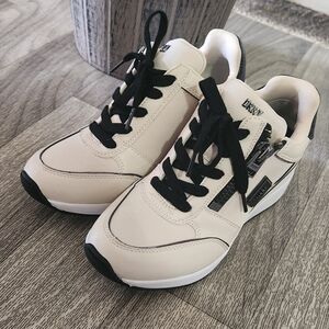 DKNY Beige and Black Lace-Up Sneakers